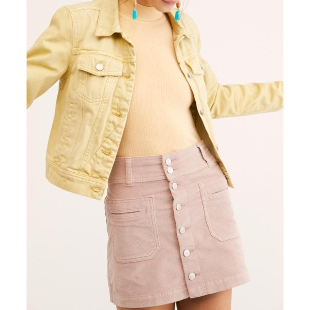NEW Free People Joanie Cord Skirt Pink Ice Buttons Corduroy Vintage Retro Mini